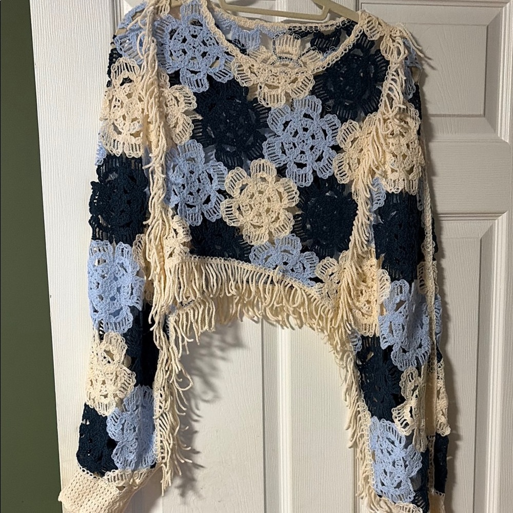 Floral Crochet Fringe Sweater - Cream, Blue, and Navy